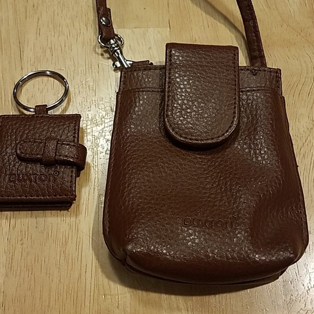 Buxton brown leather mini bag phone holder wristlet & key chain